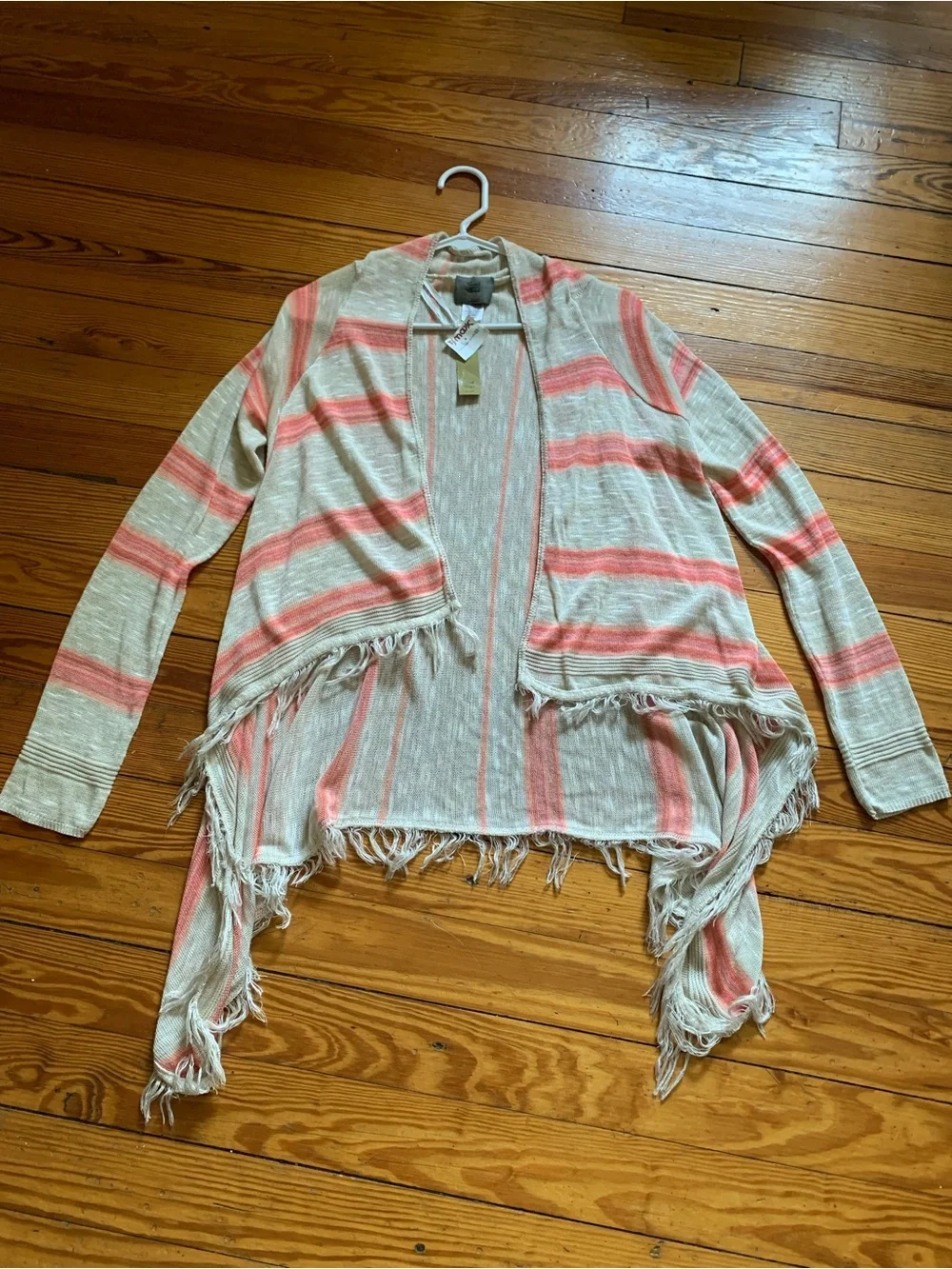 Open-Front Fringe Cardigan Sweater - Coral & Cream